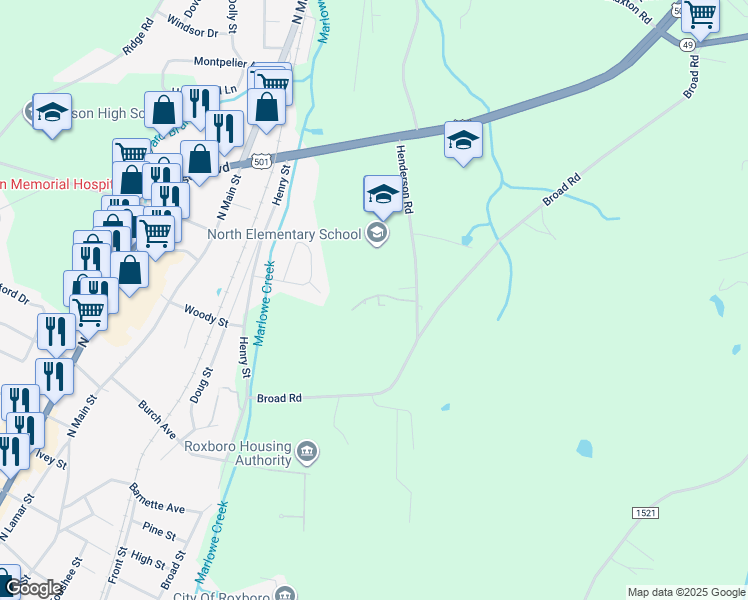 map of restaurants, bars, coffee shops, grocery stores, and more near 390 Henderson Road in Roxboro
