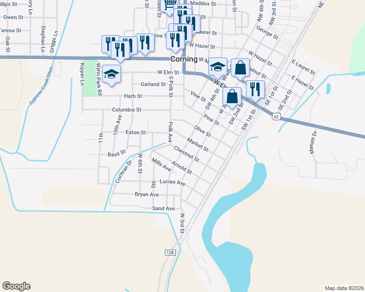 map of restaurants, bars, coffee shops, grocery stores, and more near 809 Southwest 4th Street in Corning