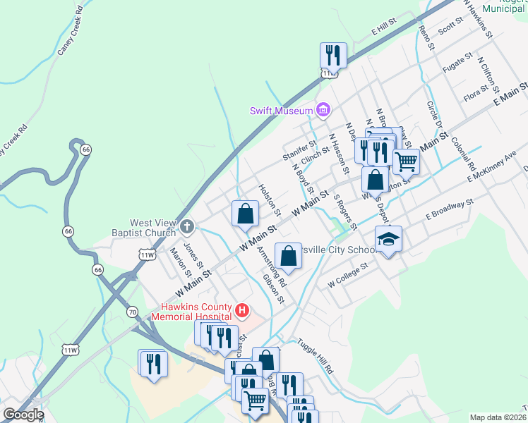 map of restaurants, bars, coffee shops, grocery stores, and more near 505 Miner St in Rogersville