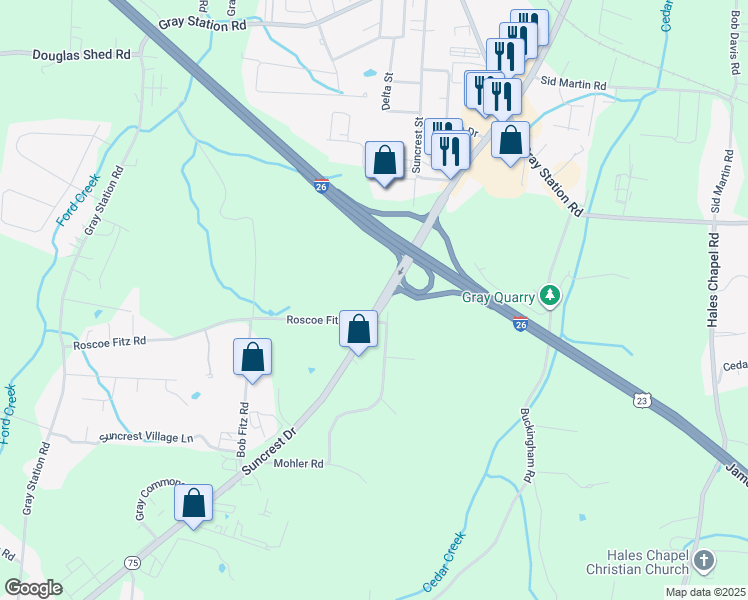 map of restaurants, bars, coffee shops, grocery stores, and more near 419 Suncrest Dr in Johnson City