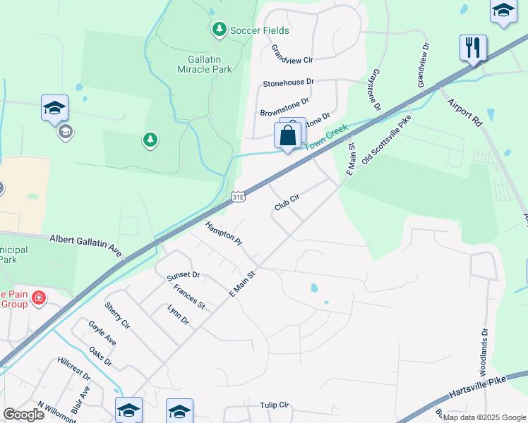 map of restaurants, bars, coffee shops, grocery stores, and more near 1408 Club Circle in Gallatin