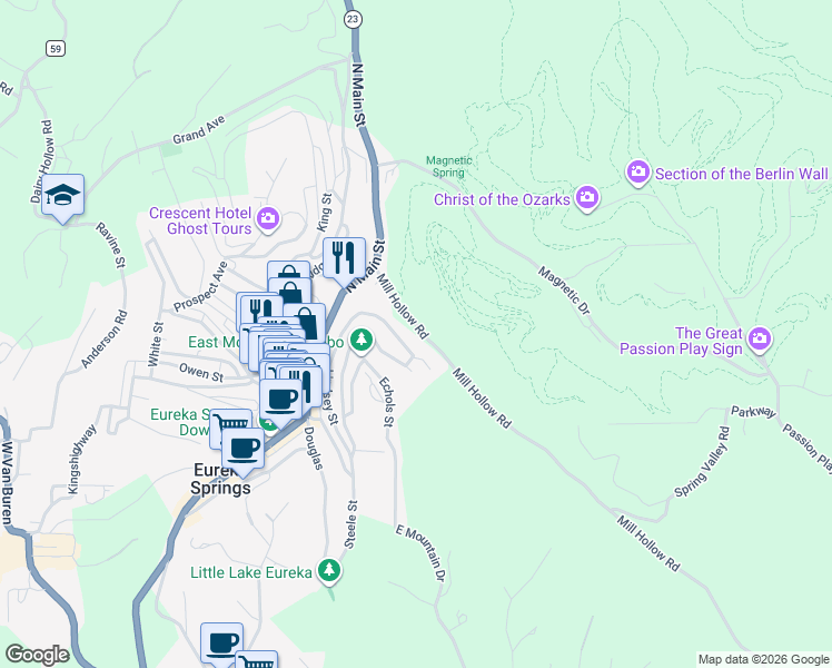 map of restaurants, bars, coffee shops, grocery stores, and more near 33 Alexander Street in Eureka Springs