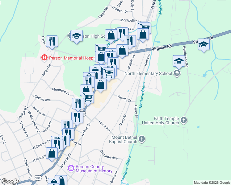 map of restaurants, bars, coffee shops, grocery stores, and more near 800 North Main Street in Roxboro