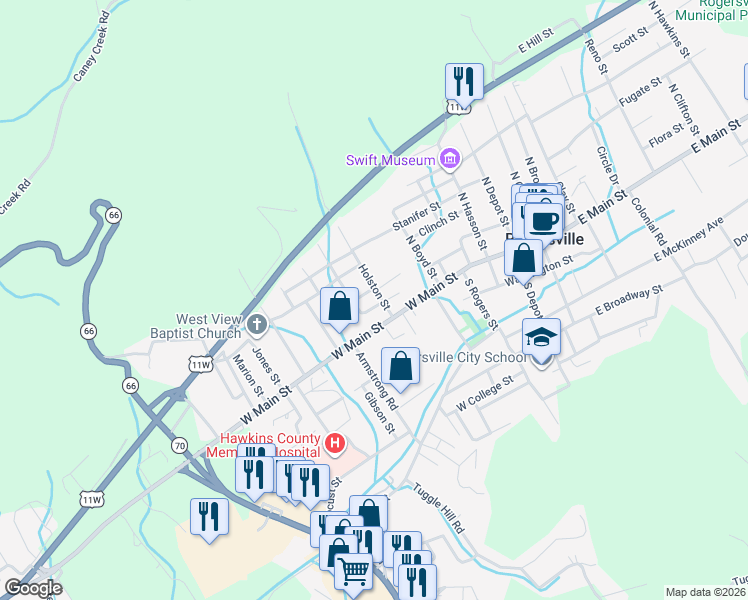 map of restaurants, bars, coffee shops, grocery stores, and more near 505 Miner St in Rogersville