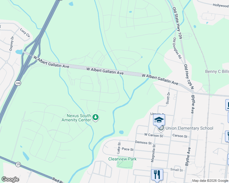 map of restaurants, bars, coffee shops, grocery stores, and more near 599 Hatten Track Road in Gallatin