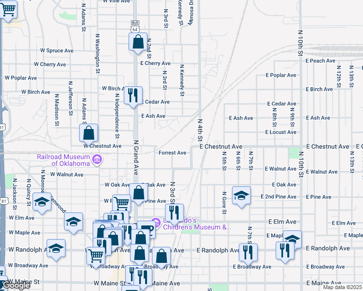 map of restaurants, bars, coffee shops, grocery stores, and more near in Enid
