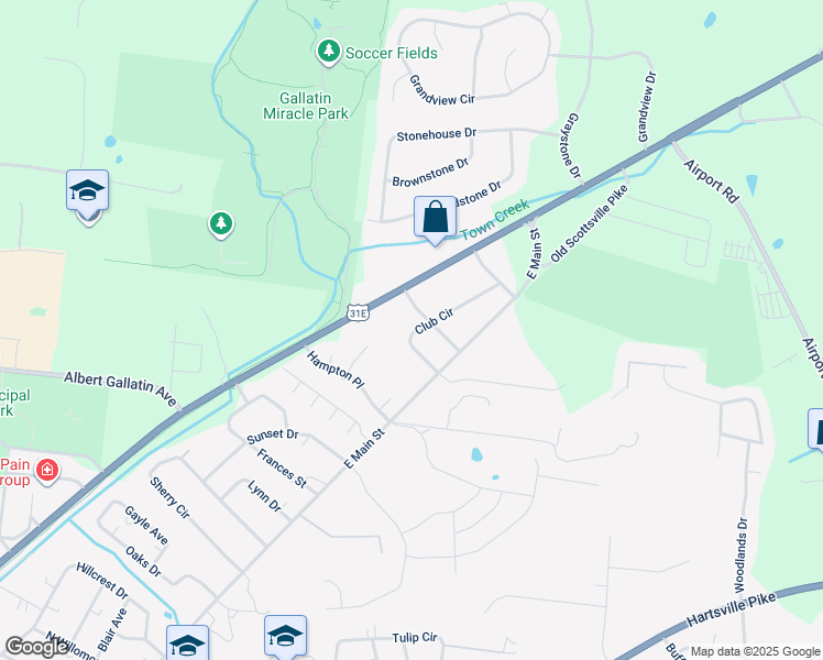 map of restaurants, bars, coffee shops, grocery stores, and more near 1408 Club Circle in Gallatin