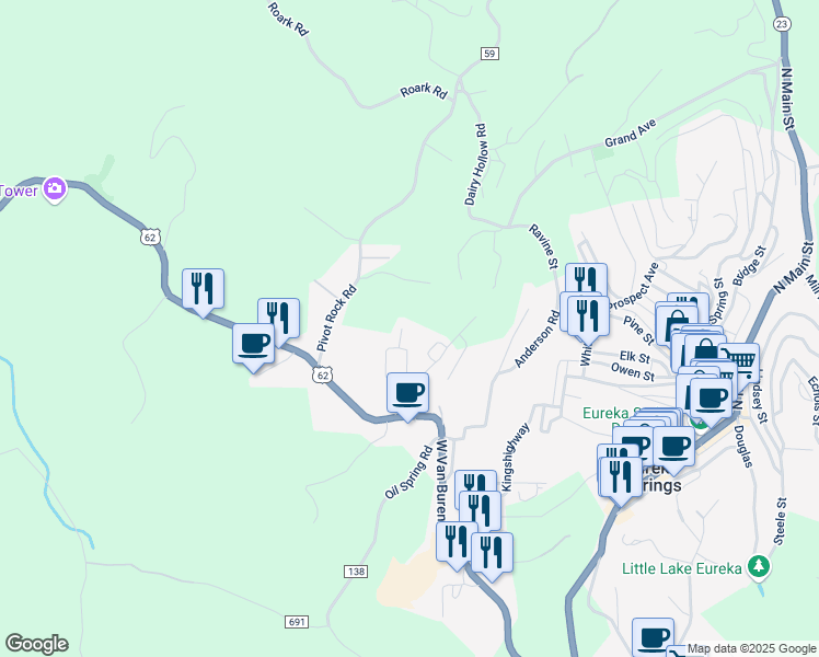 map of restaurants, bars, coffee shops, grocery stores, and more near 6 Martz Circle in Eureka Springs