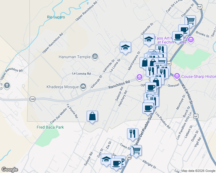 map of restaurants, bars, coffee shops, grocery stores, and more near 209 Santistevan Lane in Taos