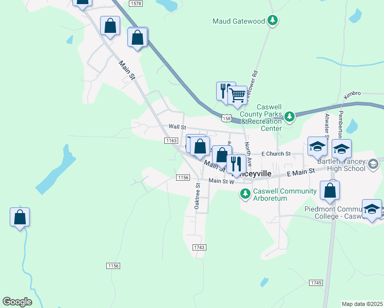 map of restaurants, bars, coffee shops, grocery stores, and more near 370 State Road 1163 in Yanceyville