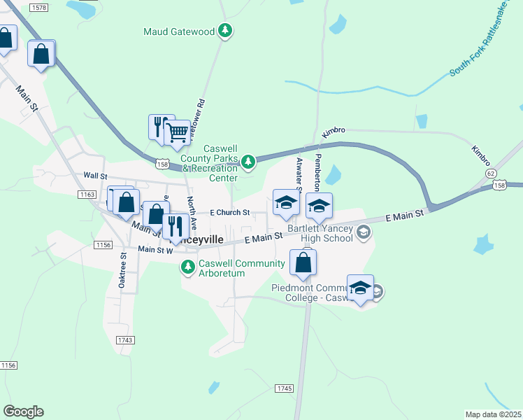 map of restaurants, bars, coffee shops, grocery stores, and more near 195 Barco Street in Yanceyville