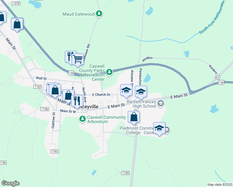 map of restaurants, bars, coffee shops, grocery stores, and more near 195 Barco Street in Yanceyville