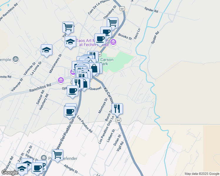 map of restaurants, bars, coffee shops, grocery stores, and more near 211 A Kit Carson Road in Taos