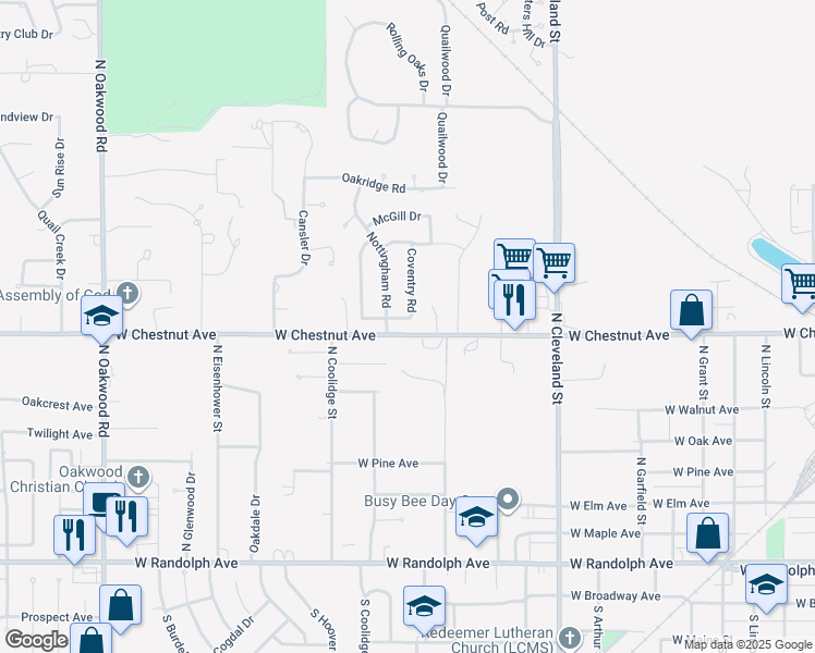 map of restaurants, bars, coffee shops, grocery stores, and more near 2713 West Chestnut Avenue in Enid