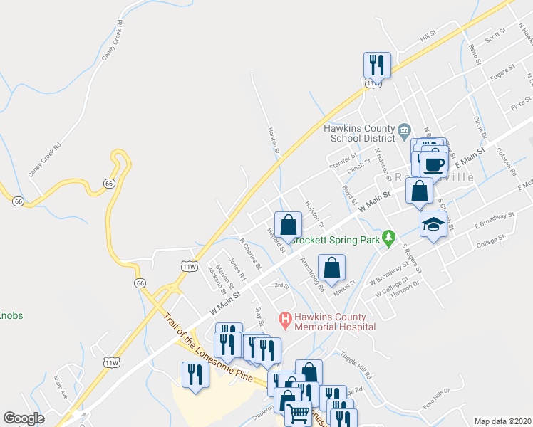 map of restaurants, bars, coffee shops, grocery stores, and more near 701 Brummit Street in Rogersville