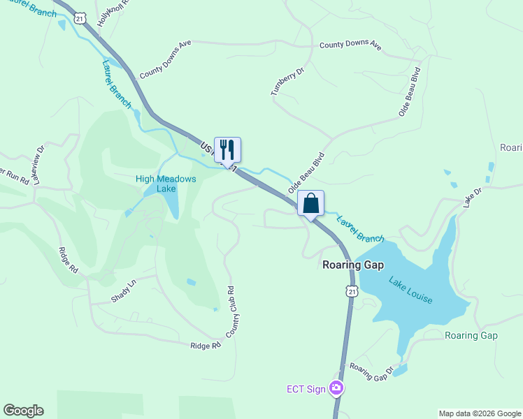 map of restaurants, bars, coffee shops, grocery stores, and more near 21 Rhodendrom Road in Roaring Gap
