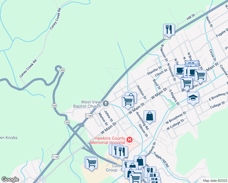 map of restaurants, bars, coffee shops, grocery stores, and more near 220 North Johns Street in Rogersville
