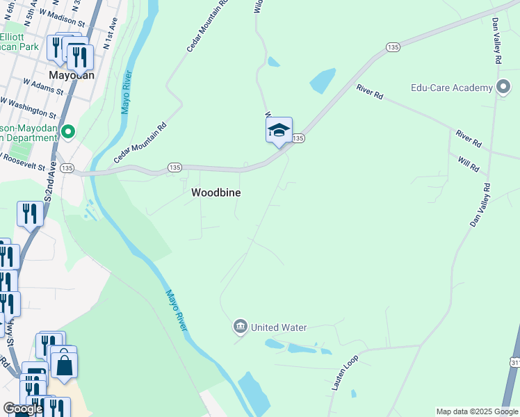 map of restaurants, bars, coffee shops, grocery stores, and more near 246 Cardwell Road in Mayodan