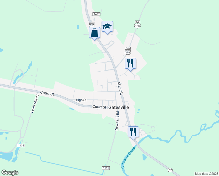 map of restaurants, bars, coffee shops, grocery stores, and more near 303 Eure Street in Gatesville