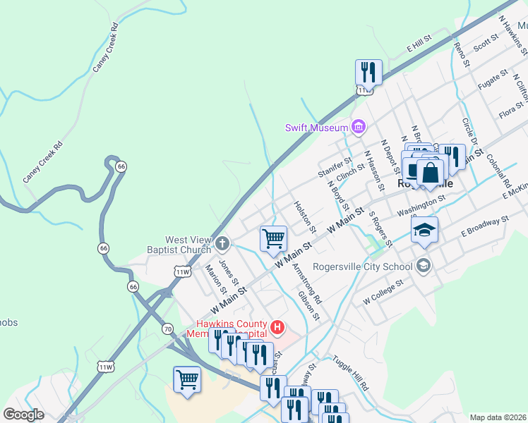 map of restaurants, bars, coffee shops, grocery stores, and more near 626 West Brummitt Street in Rogersville