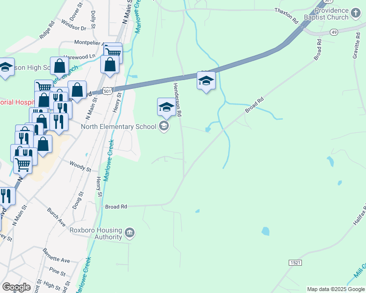 map of restaurants, bars, coffee shops, grocery stores, and more near 260 Henderson Road in Roxboro