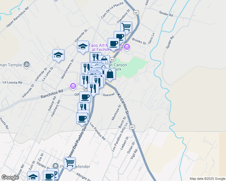 map of restaurants, bars, coffee shops, grocery stores, and more near 146 Kit Carson Road in Taos
