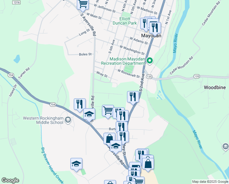 map of restaurants, bars, coffee shops, grocery stores, and more near 600 South 5th Avenue in Mayodan