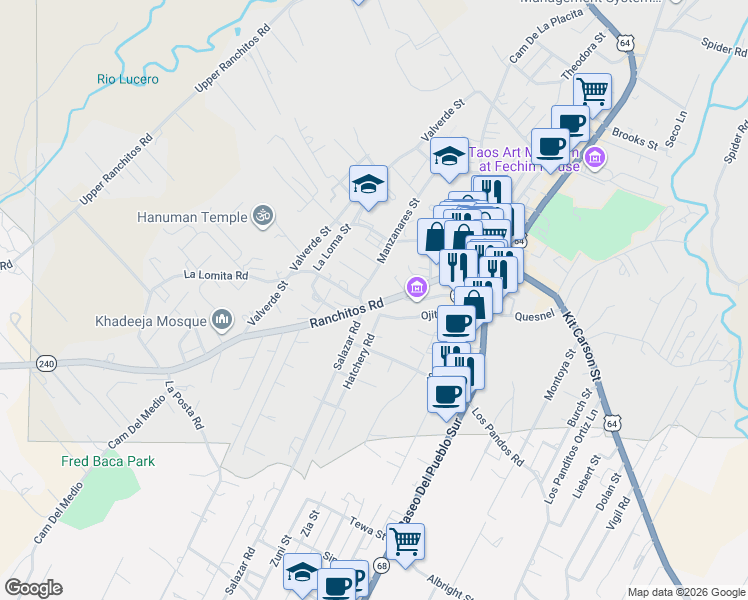 map of restaurants, bars, coffee shops, grocery stores, and more near 115 Manzanares St in Taos