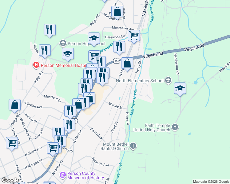 map of restaurants, bars, coffee shops, grocery stores, and more near 904 North Main Street in Roxboro