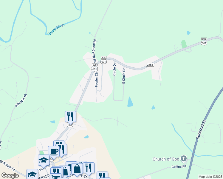 map of restaurants, bars, coffee shops, grocery stores, and more near 194 Circle Drive in Dobson
