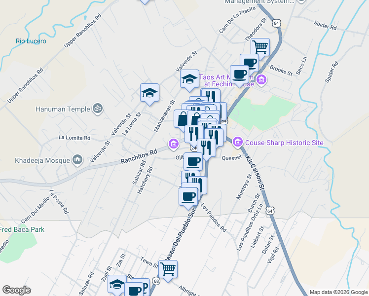 map of restaurants, bars, coffee shops, grocery stores, and more near 208 Ledoux Street in Taos