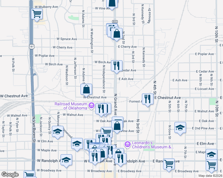 map of restaurants, bars, coffee shops, grocery stores, and more near 124 West Locust Avenue in Enid