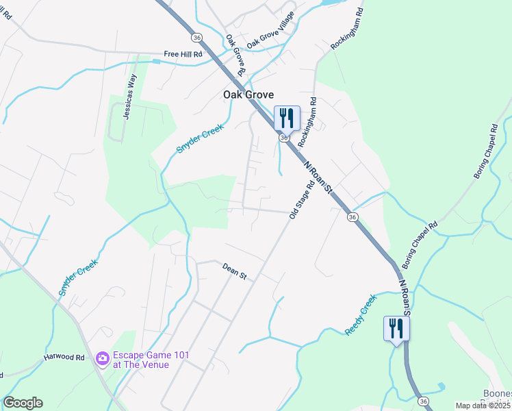 map of restaurants, bars, coffee shops, grocery stores, and more near 124 Oak Grove Road in Johnson City