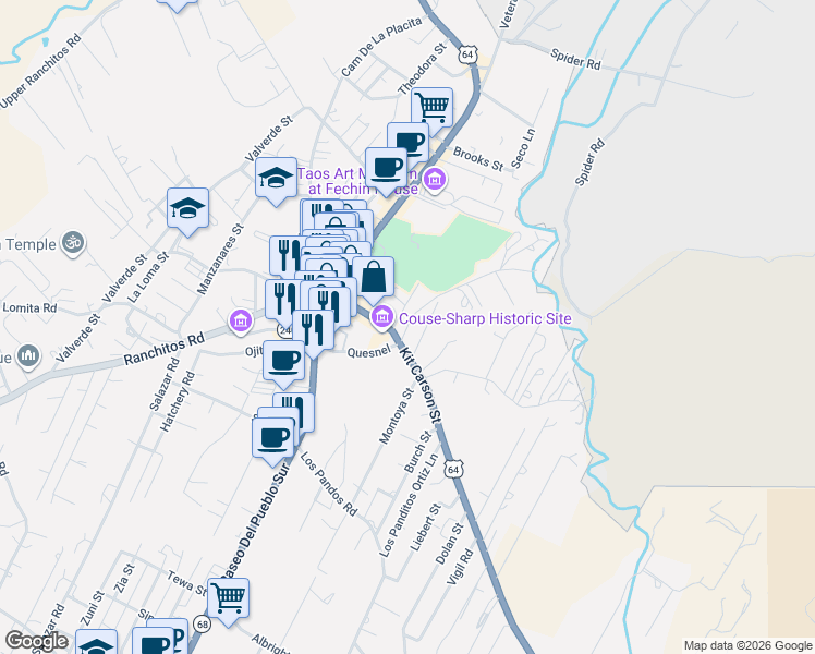 map of restaurants, bars, coffee shops, grocery stores, and more near 111 Morada Lane in Taos