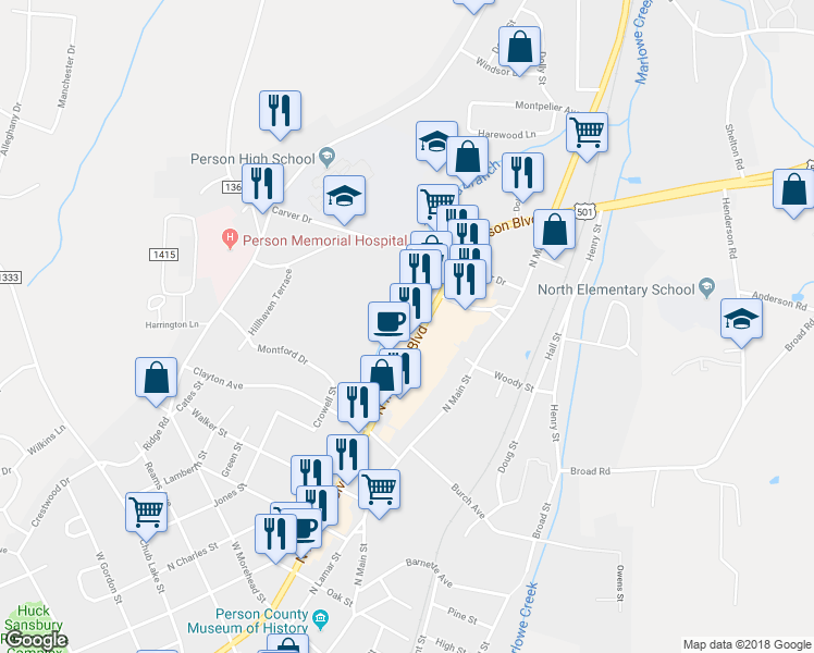 map of restaurants, bars, coffee shops, grocery stores, and more near 801 North Madison Boulevard in Roxboro