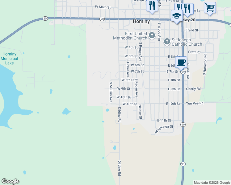 map of restaurants, bars, coffee shops, grocery stores, and more near 1017 South Haines Avenue in Hominy