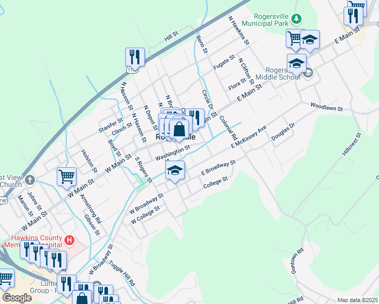 map of restaurants, bars, coffee shops, grocery stores, and more near 198 Taylor Street in Rogersville