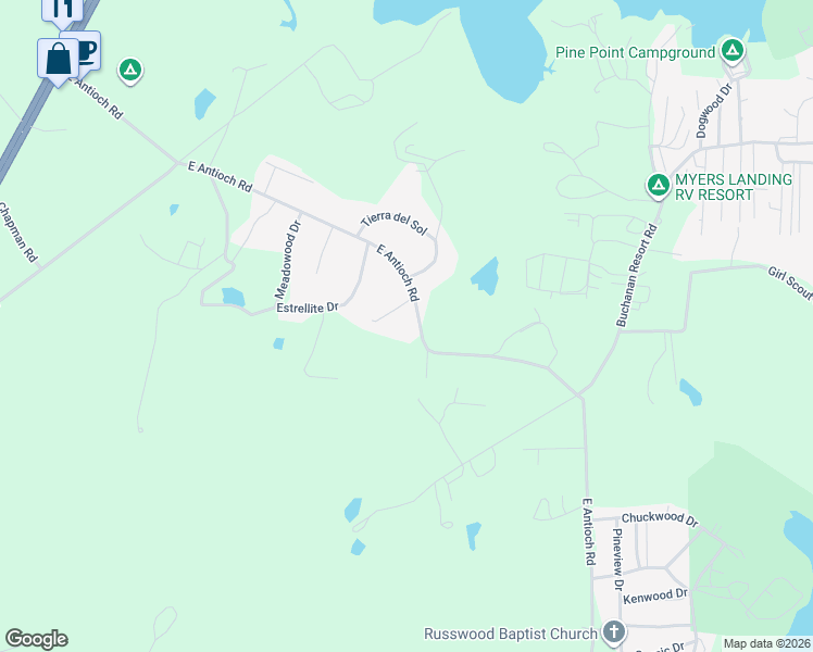 map of restaurants, bars, coffee shops, grocery stores, and more near 5461 East Antioch Road in Springville