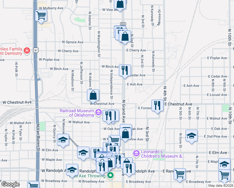 map of restaurants, bars, coffee shops, grocery stores, and more near 124 West Locust Avenue in Enid
