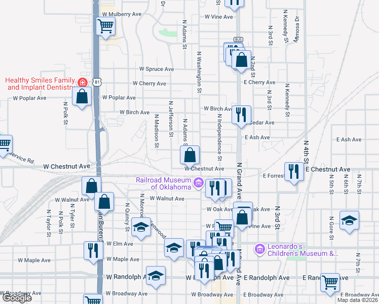 map of restaurants, bars, coffee shops, grocery stores, and more near 927 North Adams Street in Enid