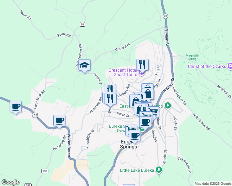 map of restaurants, bars, coffee shops, grocery stores, and more near 20 Ridgeway Avenue in Eureka Springs