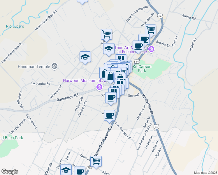 map of restaurants, bars, coffee shops, grocery stores, and more near 118 Camino De La Placita in Taos