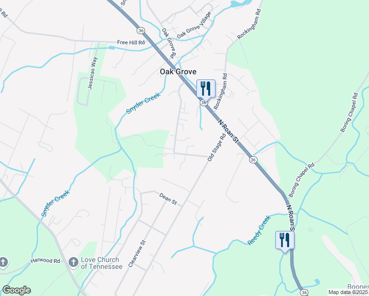 map of restaurants, bars, coffee shops, grocery stores, and more near 105 Kram Court in Johnson City