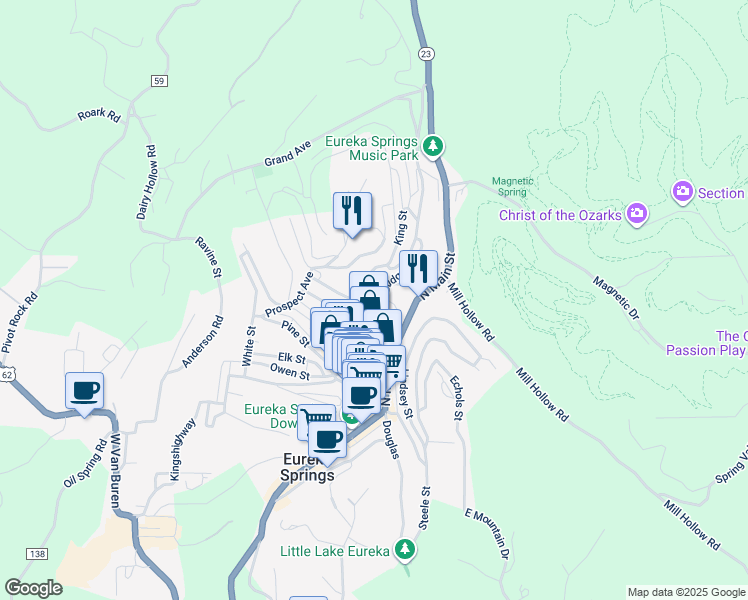 map of restaurants, bars, coffee shops, grocery stores, and more near 169 Spring Street in Eureka Springs