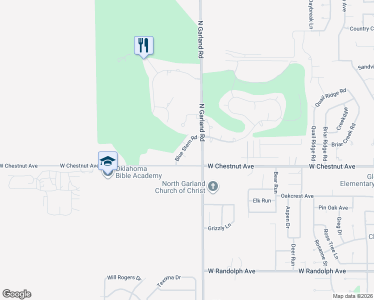 map of restaurants, bars, coffee shops, grocery stores, and more near 1010 Blue Stem Road in Enid