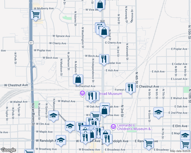 map of restaurants, bars, coffee shops, grocery stores, and more near 124 West Locust Avenue in Enid