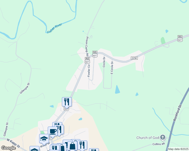 map of restaurants, bars, coffee shops, grocery stores, and more near 195 Fowler Circle in Dobson