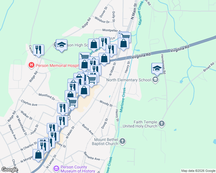 map of restaurants, bars, coffee shops, grocery stores, and more near 904 North Main Street in Roxboro