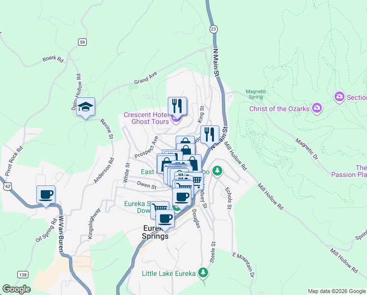 map of restaurants, bars, coffee shops, grocery stores, and more near 169 Spring Street in Eureka Springs