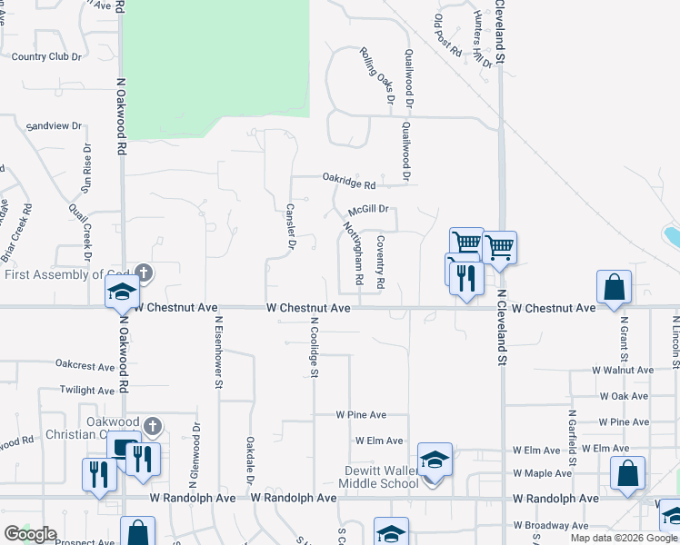 map of restaurants, bars, coffee shops, grocery stores, and more near 1019 Canterbury Rd in Enid